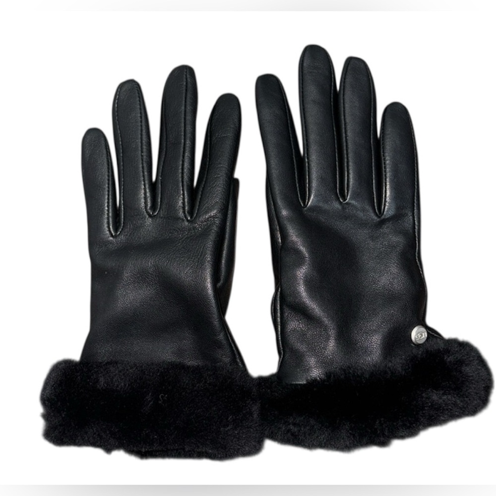 UGG Shorty Sheepskin Shearling-Cuff Black Leather Gloves Size Small - Picture 3 of 7